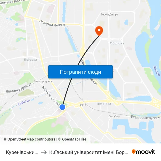 Куренівський Парк to Київський університет імені Бориса Грінченка map
