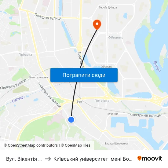 Вул. Вікентія Хвойки to Київський університет імені Бориса Грінченка map