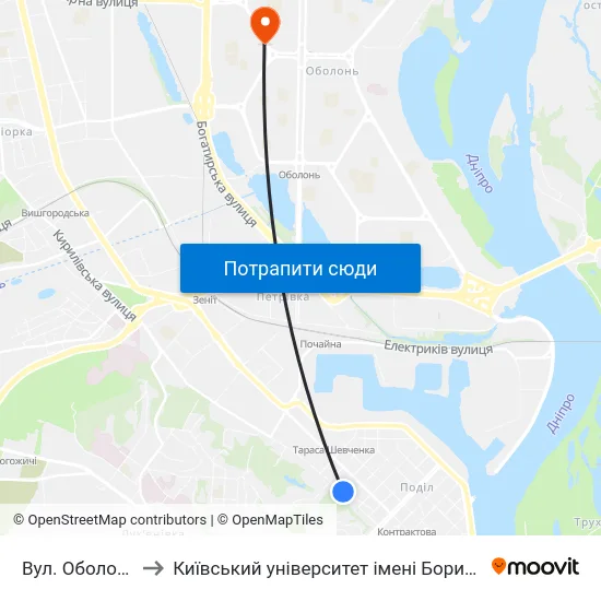 Вул. Оболонська to Київський університет імені Бориса Грінченка map