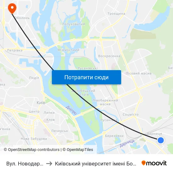 Вул. Новодарницька to Київський університет імені Бориса Грінченка map