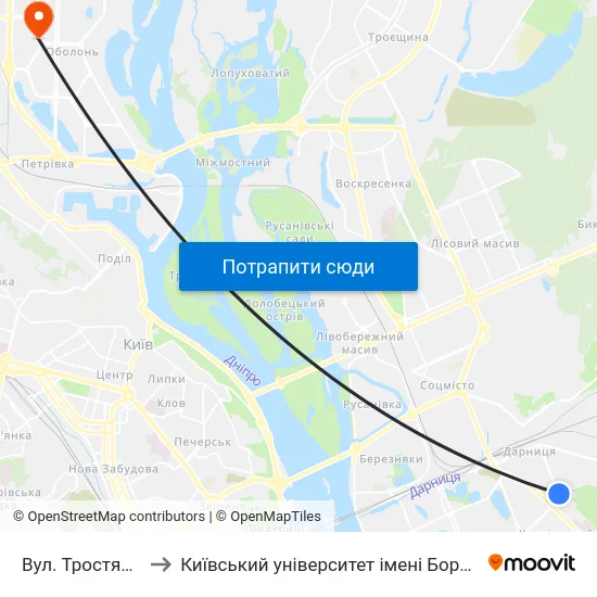 Вул. Тростянецька to Київський університет імені Бориса Грінченка map