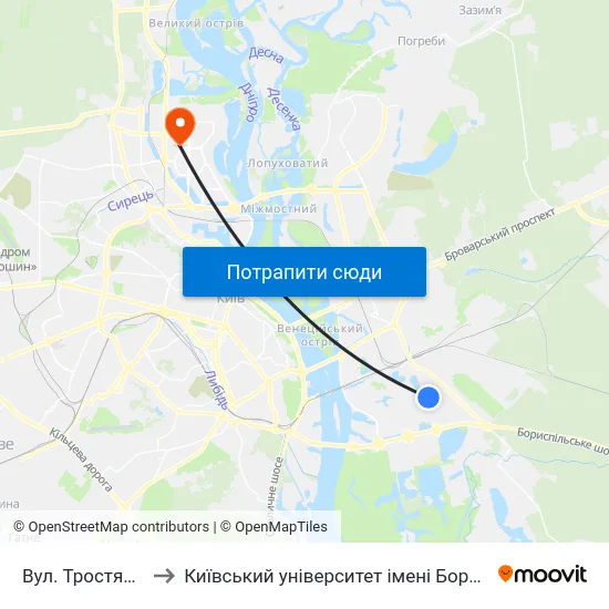 Вул. Тростянецька to Київський університет імені Бориса Грінченка map