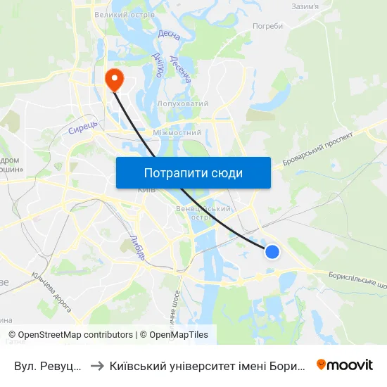 Вул. Ревуцького to Київський університет імені Бориса Грінченка map