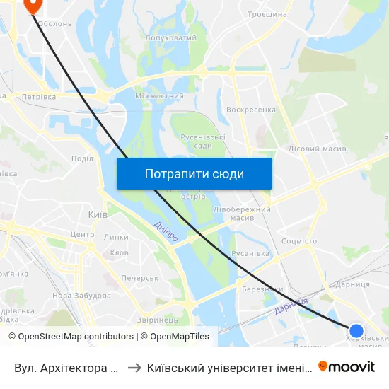 Вул. Архітектора Вербицького to Київський університет імені Бориса Грінченка map