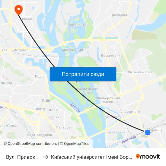 Вул. Привокзальна to Київський університет імені Бориса Грінченка map