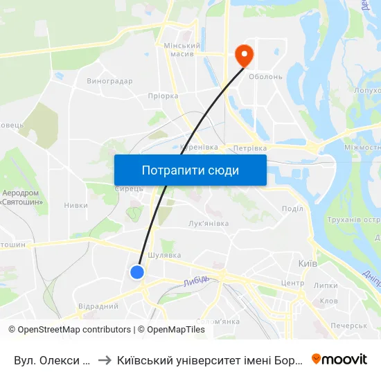 Вул. Олекси Тихого to Київський університет імені Бориса Грінченка map