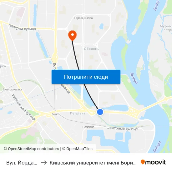 Вул. Йорданська to Київський університет імені Бориса Грінченка map