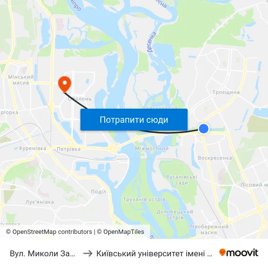 Вул. Миколи Закревського to Київський університет імені Бориса Грінченка map