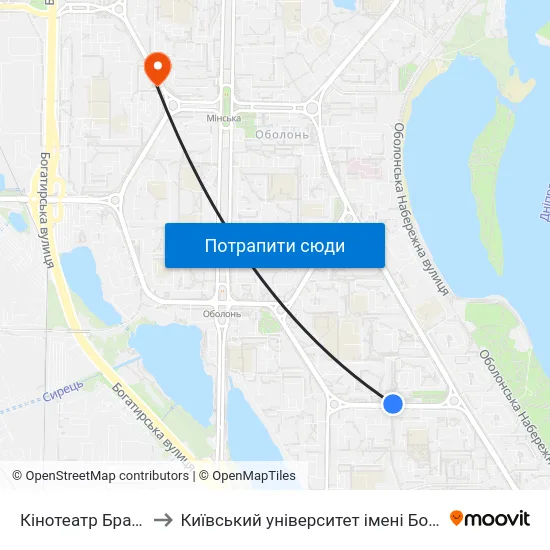 Кінотеатр Братислава to Київський університет імені Бориса Грінченка map