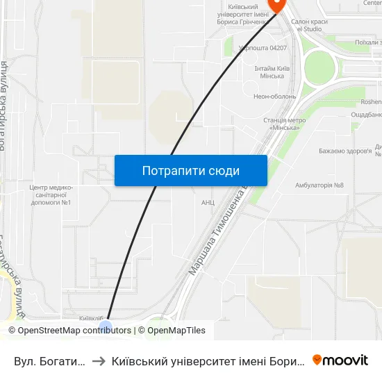 Вул. Богатирська to Київський університет імені Бориса Грінченка map