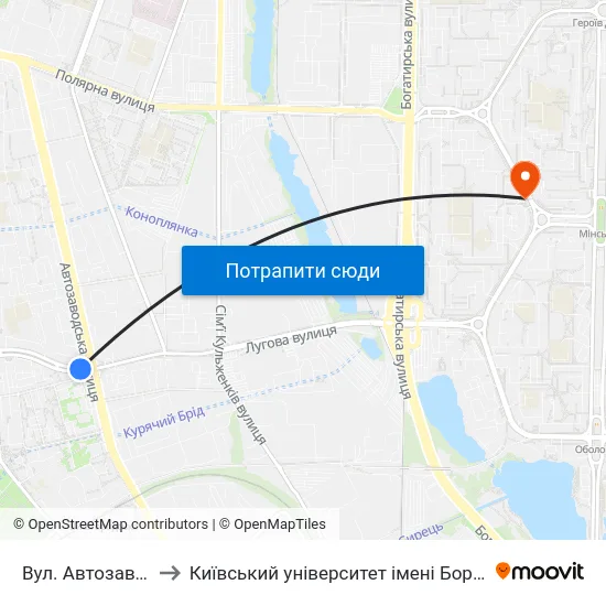 Вул. Автозаводська to Київський університет імені Бориса Грінченка map