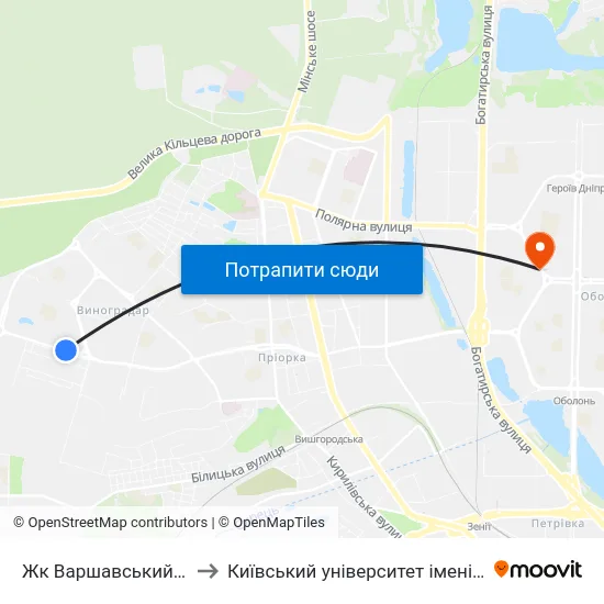 Жк Варшавський Мікрорайон to Київський університет імені Бориса Грінченка map