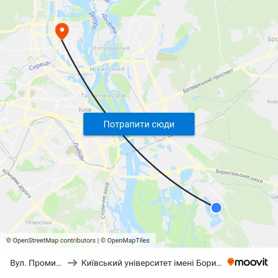 Вул. Промислова to Київський університет імені Бориса Грінченка map