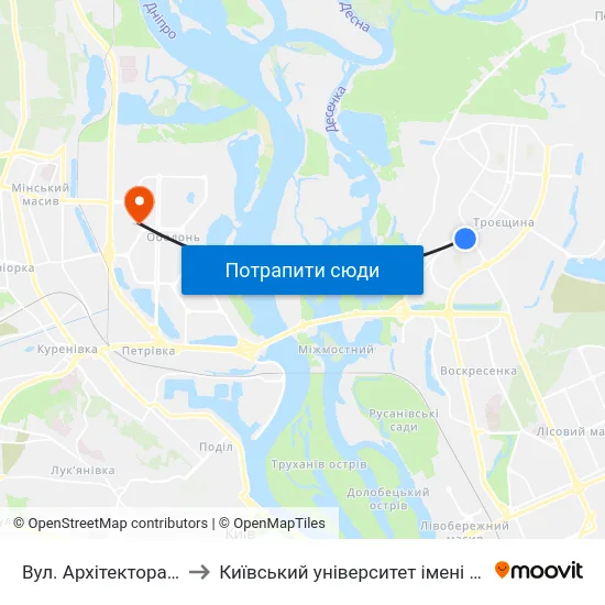 Вул. Архітектора Ніколаєва to Київський університет імені Бориса Грінченка map