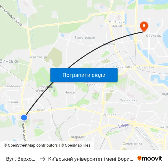 Вул. Верховинна to Київський університет імені Бориса Грінченка map