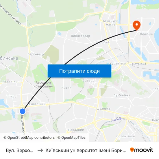 Вул. Верховинна to Київський університет імені Бориса Грінченка map