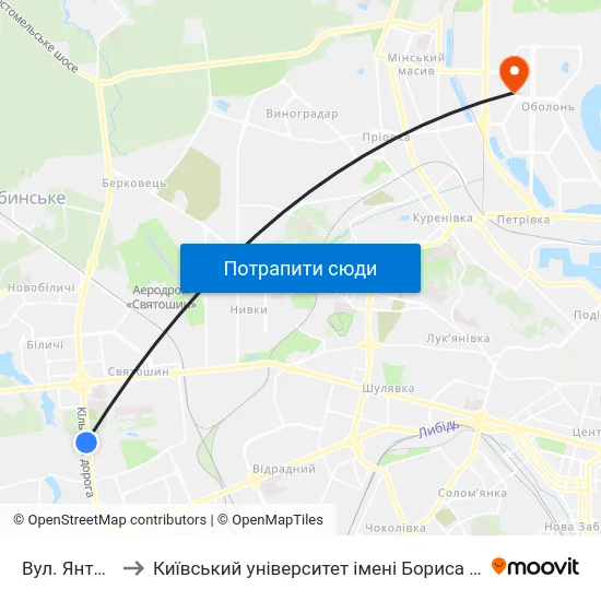 Вул. Янтарна to Київський університет імені Бориса Грінченка map