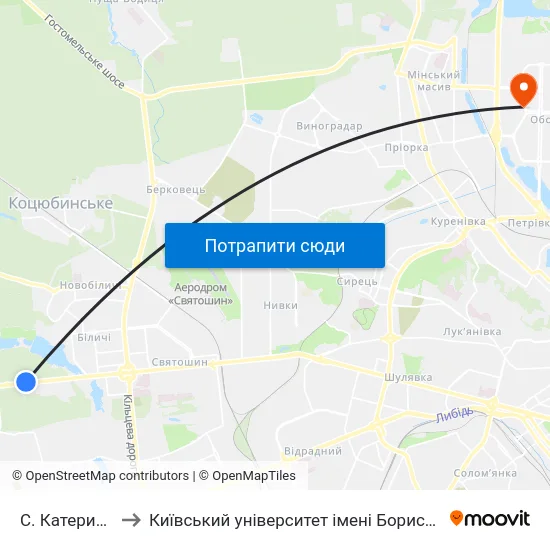 С. Катеринівка to Київський університет імені Бориса Грінченка map