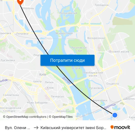 Вул. Олени Пчілки to Київський університет імені Бориса Грінченка map