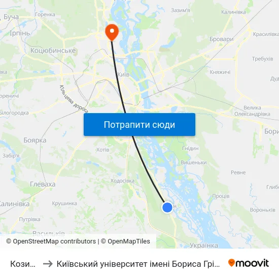 Козин-2 to Київський університет імені Бориса Грінченка map