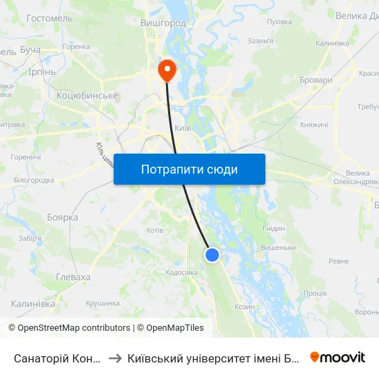 Санаторій Конча-Заспа to Київський університет імені Бориса Грінченка map
