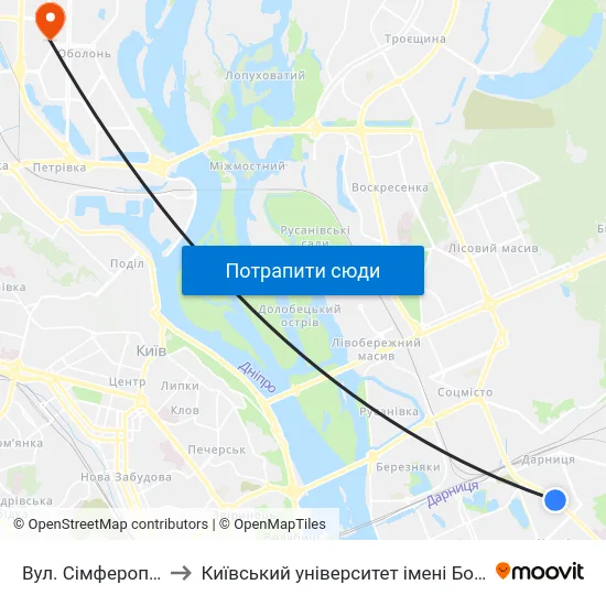 Вул. Сімферопольська to Київський університет імені Бориса Грінченка map