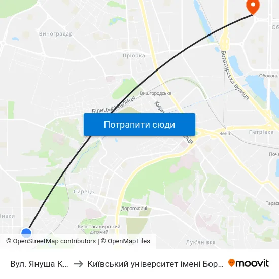 Вул. Януша Корчака to Київський університет імені Бориса Грінченка map