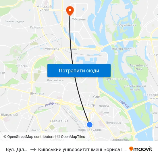 Вул. Ділова to Київський університет імені Бориса Грінченка map