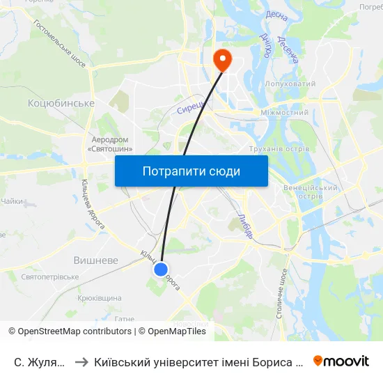 С. Жуляни-2 to Київський університет імені Бориса Грінченка map