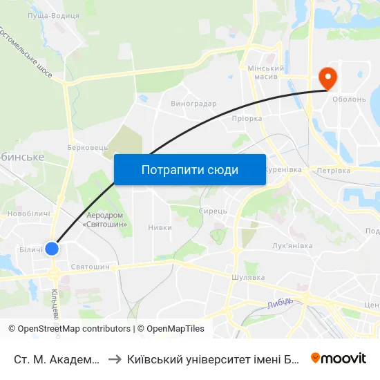 Ст. М. Академмістечко to Київський університет імені Бориса Грінченка map