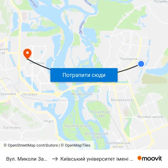 Вул. Миколи Закревського to Київський університет імені Бориса Грінченка map