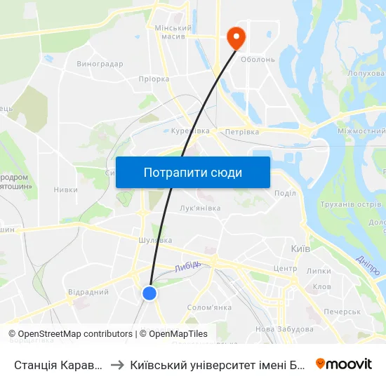 Станція Караваєві Дачі to Київський університет імені Бориса Грінченка map