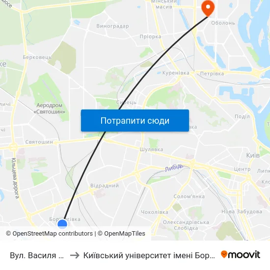 Вул. Василя Кучера to Київський університет імені Бориса Грінченка map