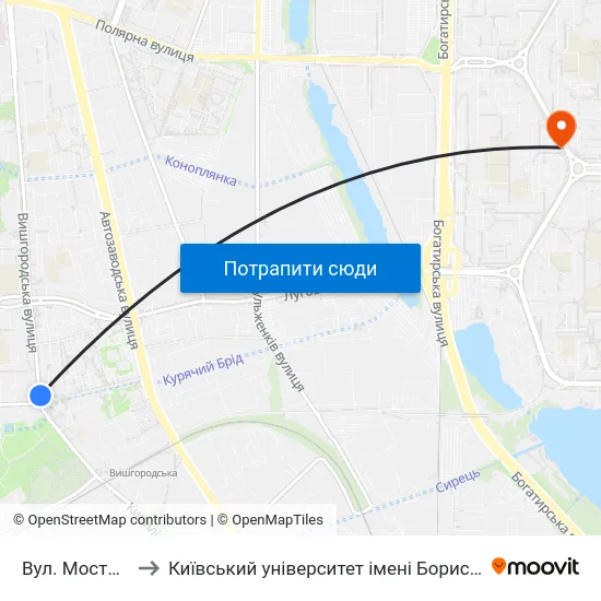 Вул. Мостицька to Київський університет імені Бориса Грінченка map