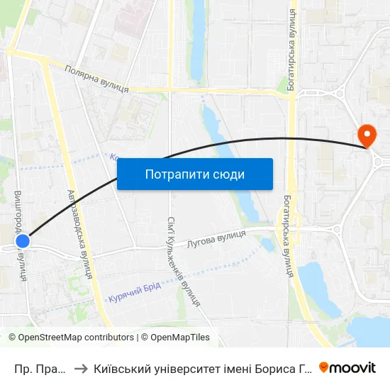 Пр. Правди to Київський університет імені Бориса Грінченка map