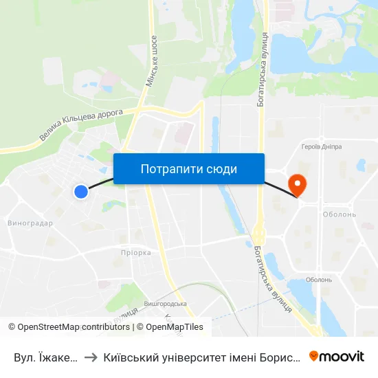 Вул. Їжакевича to Київський університет імені Бориса Грінченка map