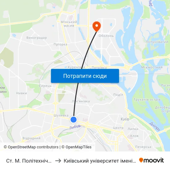 Ст. М. Політехнічний Інститут to Київський університет імені Бориса Грінченка map