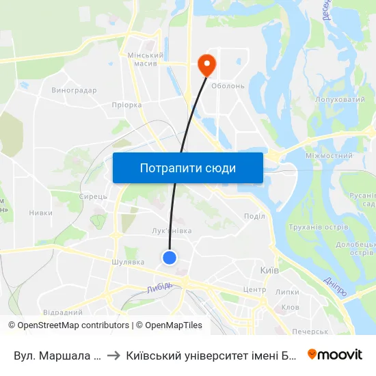 Вул. Маршала Рибалка to Київський університет імені Бориса Грінченка map