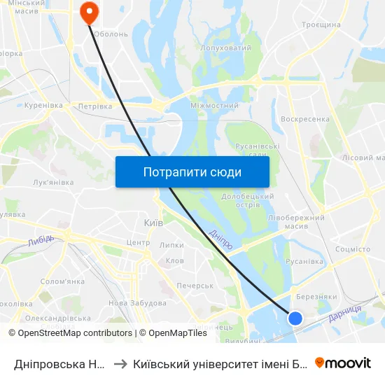 Дніпровська Набережна to Київський університет імені Бориса Грінченка map