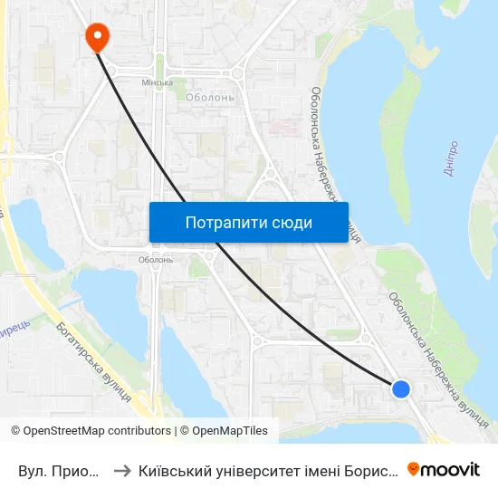 Вул. Приозерна to Київський університет імені Бориса Грінченка map