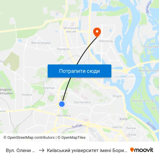 Вул. Олени Теліги to Київський університет імені Бориса Грінченка map
