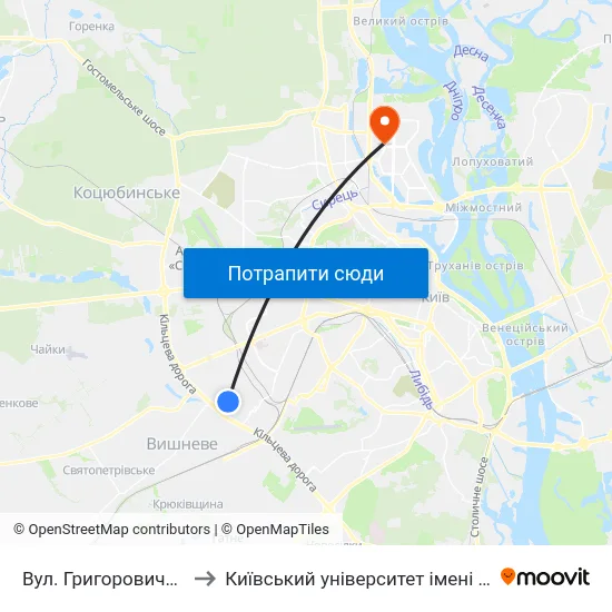 Вул. Григоровича-Барського to Київський університет імені Бориса Грінченка map