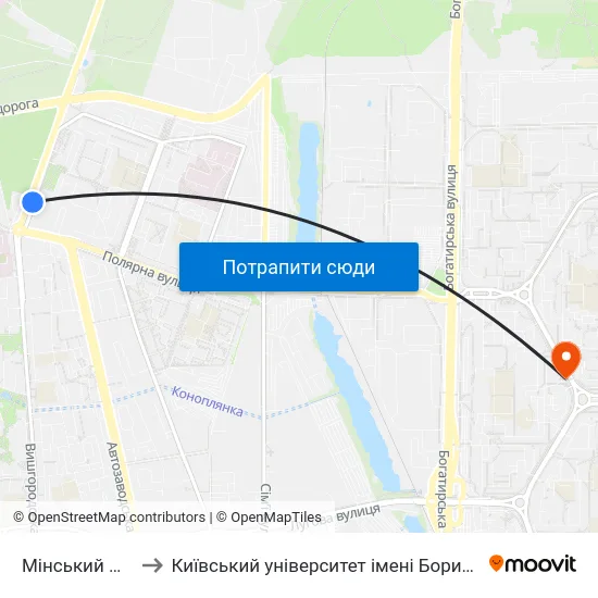 Мінський Масив to Київський університет імені Бориса Грінченка map