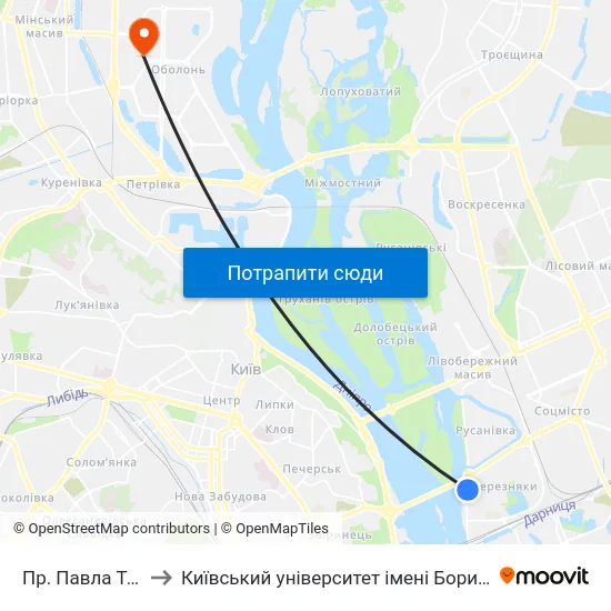 Пр. Павла Тичини to Київський університет імені Бориса Грінченка map
