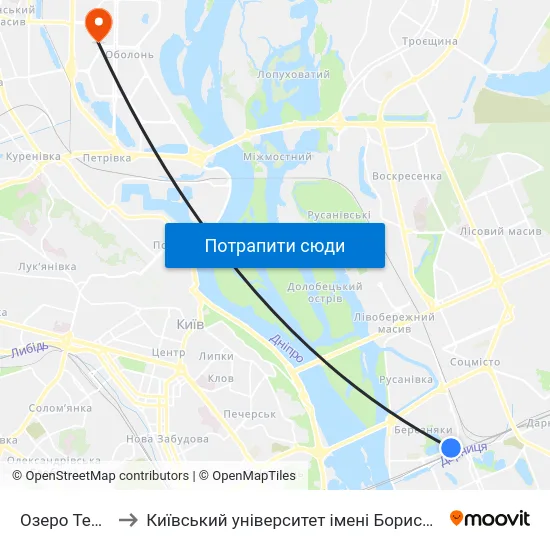 Озеро Тельбін to Київський університет імені Бориса Грінченка map