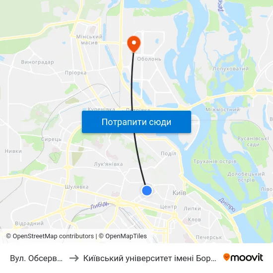 Вул. Обсерваторна to Київський університет імені Бориса Грінченка map