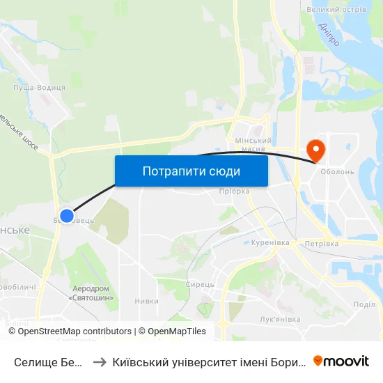 Селище Берковці to Київський університет імені Бориса Грінченка map