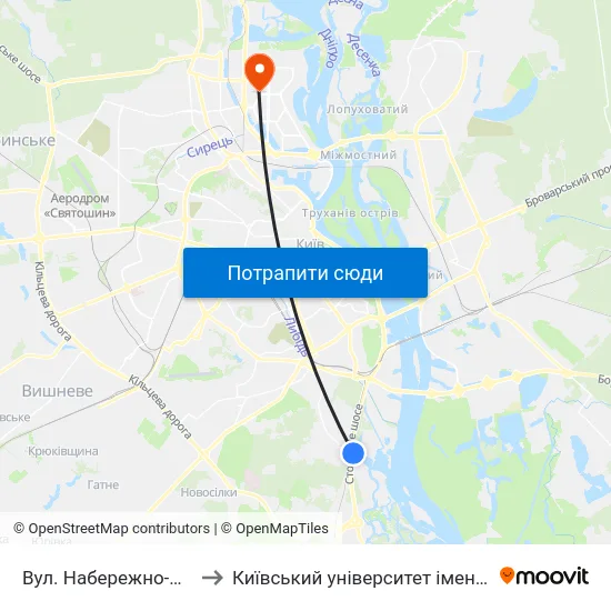 Вул. Набережно-Корчуватська to Київський університет імені Бориса Грінченка map
