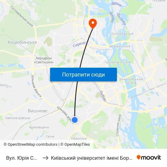 Вул. Юрія Смолича to Київський університет імені Бориса Грінченка map