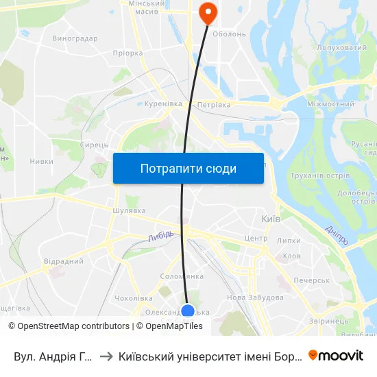 Вул. Андрія Головка to Київський університет імені Бориса Грінченка map